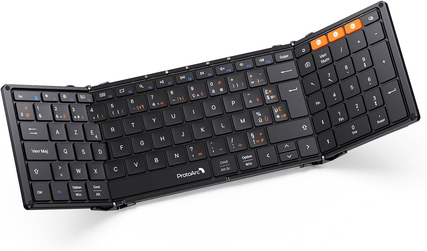 XK01 Clavier Bluetooth Pliable AZERTY Avec Pavé Numérique | 105 Touches, 3 Appareils Bluetooth, Rechargeable, Compatible Avec Android Windows Ios Téléphone Tablette Ipad
