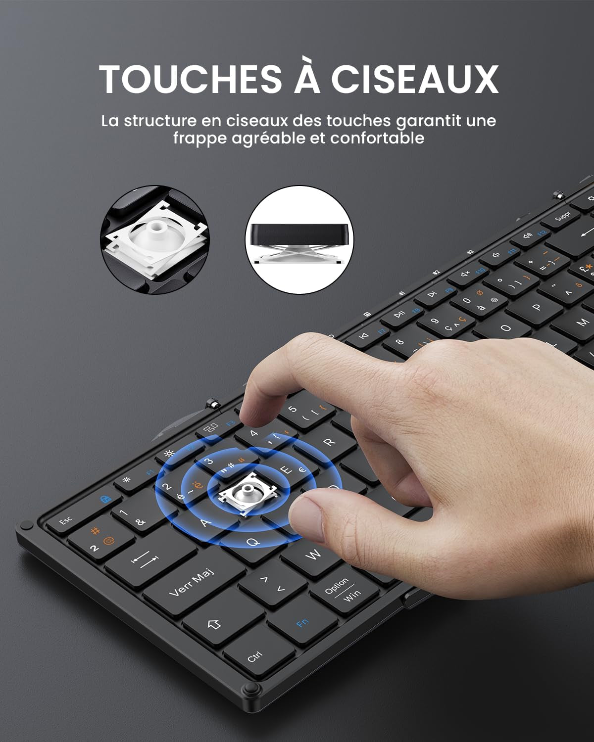 XK01 Clavier Bluetooth Pliable AZERTY Avec Pavé Numérique | 105 Touches, 3 Appareils Bluetooth, Rechargeable, Compatible Avec Android Windows Ios Téléphone Tablette Ipad