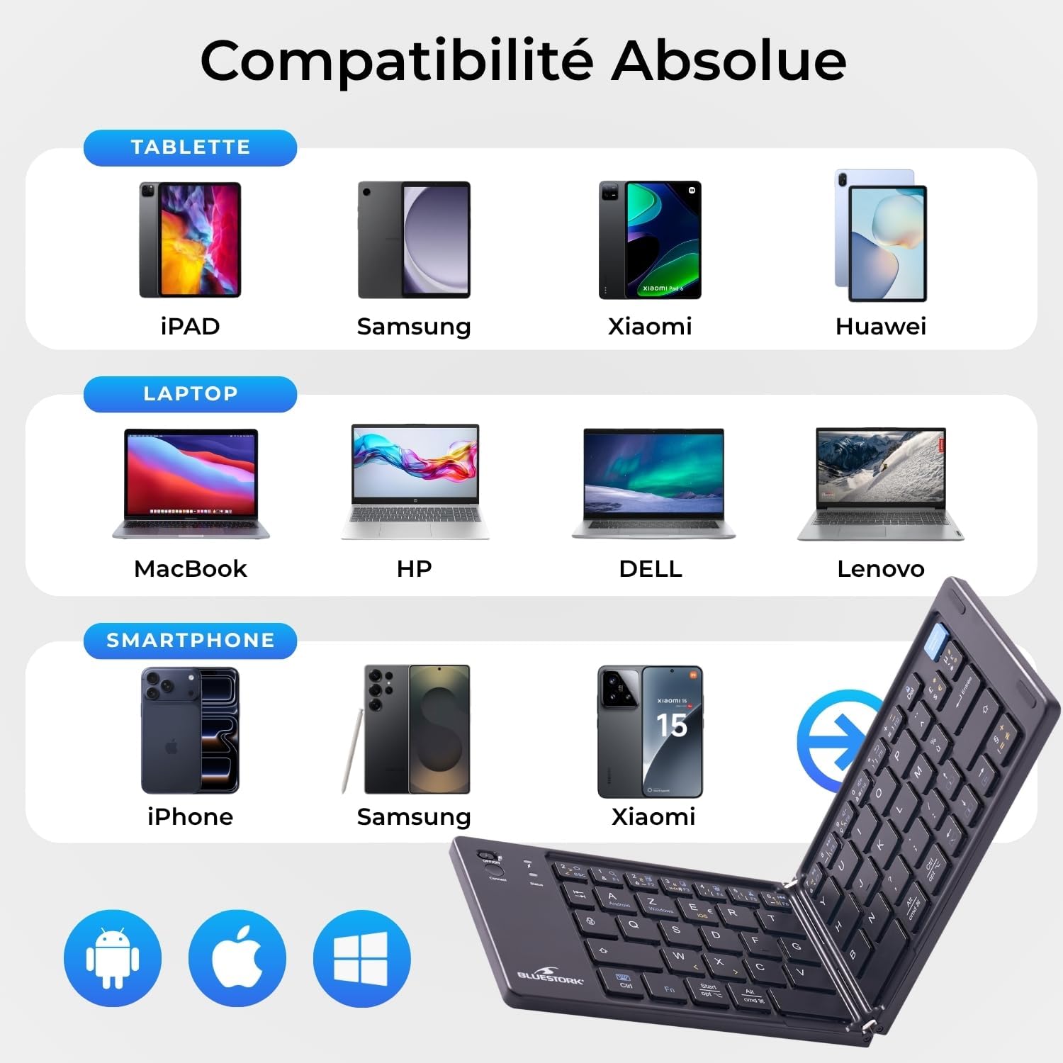 KB Mini Fold - Mini Clavier Bluetooth Pliable AZERTY FR | Bluetooth, Pliable, Rechargeable USB-C, 40H Autonomie, Léger, Silencieux, Compatible Windows/Ios/Android