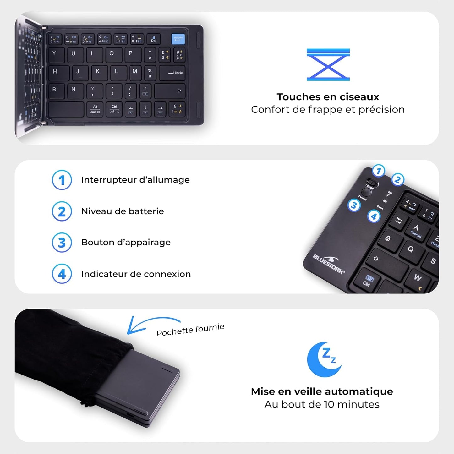 KB Mini Fold - Mini Clavier Bluetooth Pliable AZERTY FR | Bluetooth, Pliable, Rechargeable USB-C, 40H Autonomie, Léger, Silencieux, Compatible Windows/Ios/Android