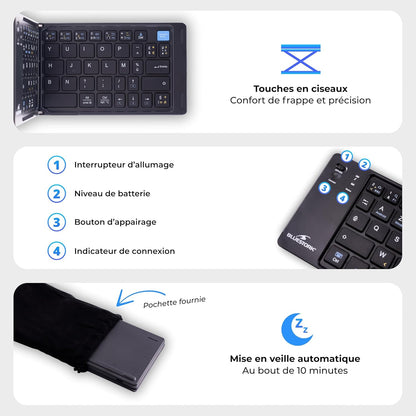 KB Mini Fold - Mini Clavier Bluetooth Pliable AZERTY FR | Bluetooth, Pliable, Rechargeable USB-C, 40H Autonomie, Léger, Silencieux, Compatible Windows/Ios/Android