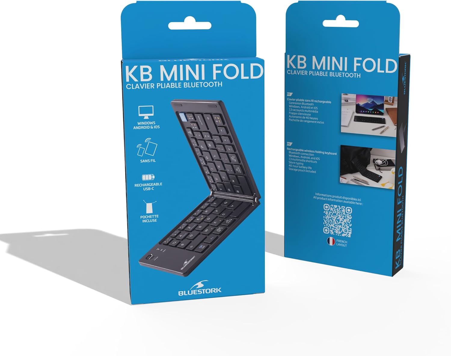 KB Mini Fold - Mini Clavier Bluetooth Pliable AZERTY FR | Bluetooth, Pliable, Rechargeable USB-C, 40H Autonomie, Léger, Silencieux, Compatible Windows/Ios/Android