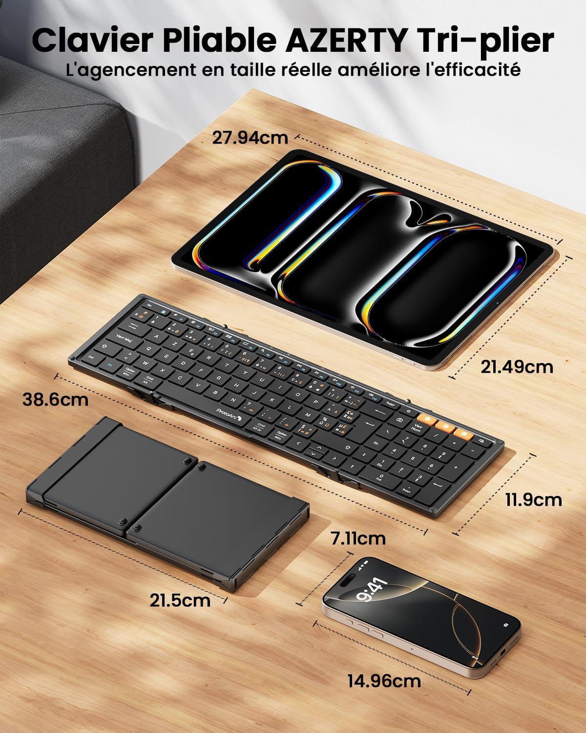 XK01 Clavier Bluetooth Pliable AZERTY Avec Pavé Numérique | 105 Touches, 3 Appareils Bluetooth, Rechargeable, Compatible Avec Android Windows Ios Téléphone Tablette Ipad