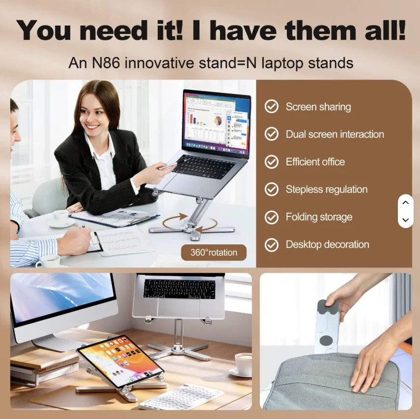 2025 New Hot Selling N86 Aluminum Alloy Foldable X Foldable 360 Rotating Height Adjustable Heat Dissipation Laptop Stand